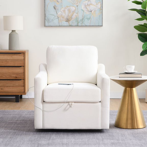 White upholstered swivel accent armchair with padded arms and protective ties on seat