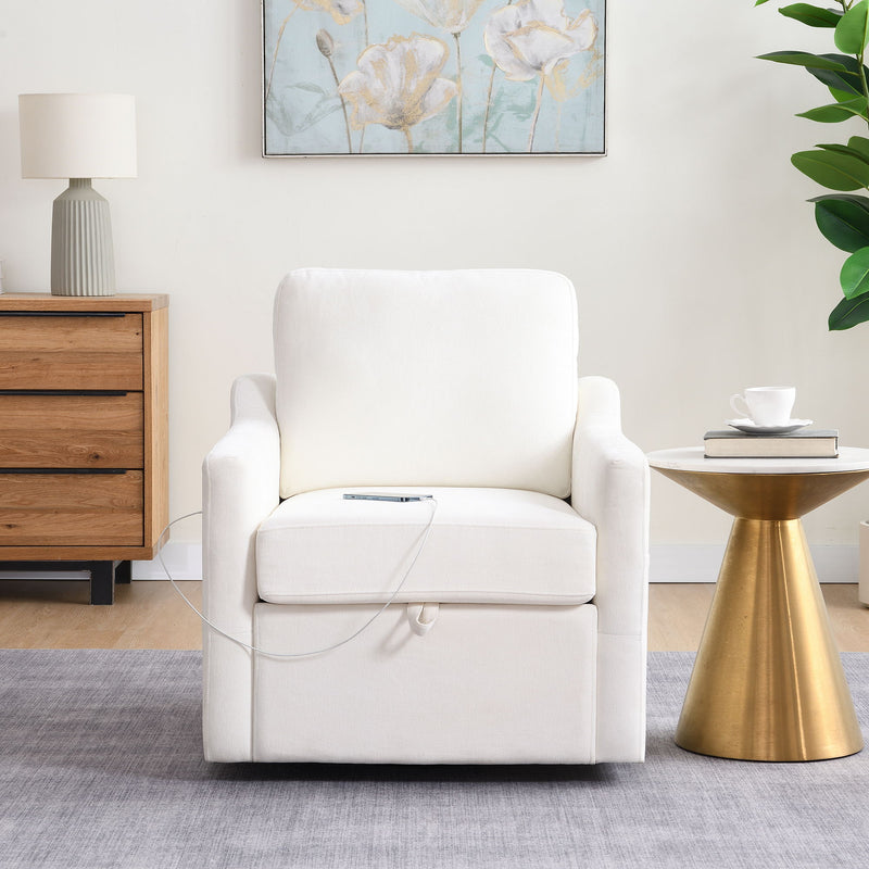 White upholstered swivel accent armchair with padded arms and protective ties on seat