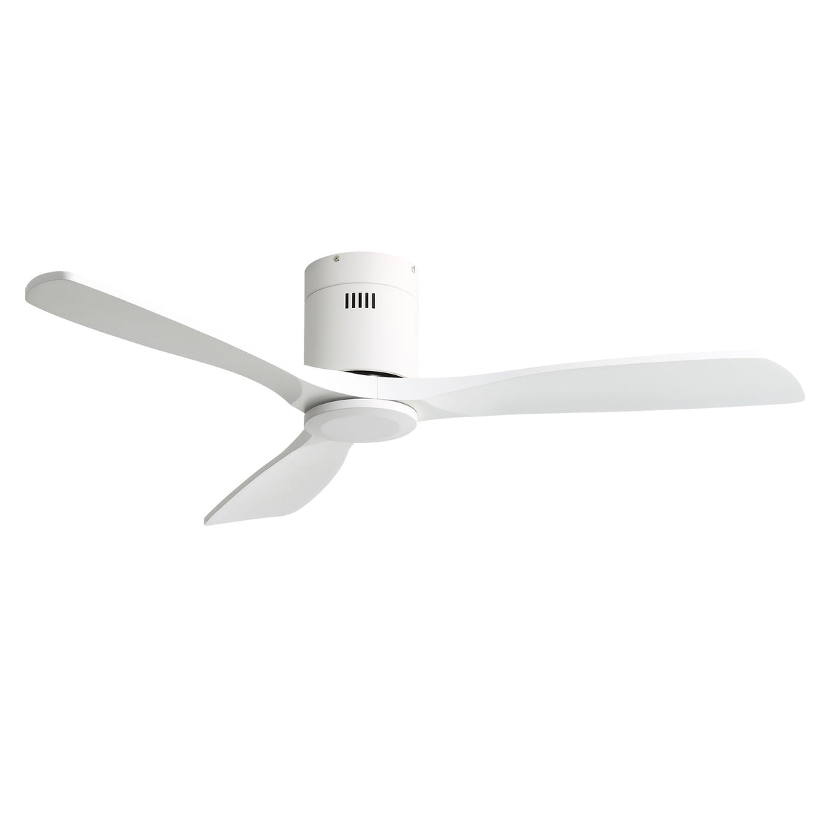 White flush-mount ceiling fan with 3 blades and low-profile housing