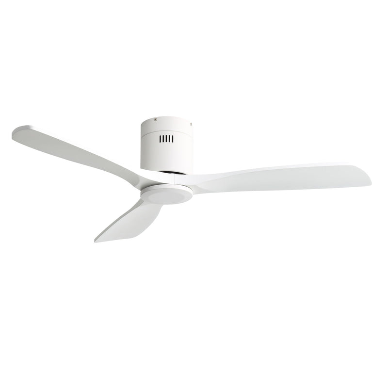 White flush-mount ceiling fan with 3 blades and low-profile housing