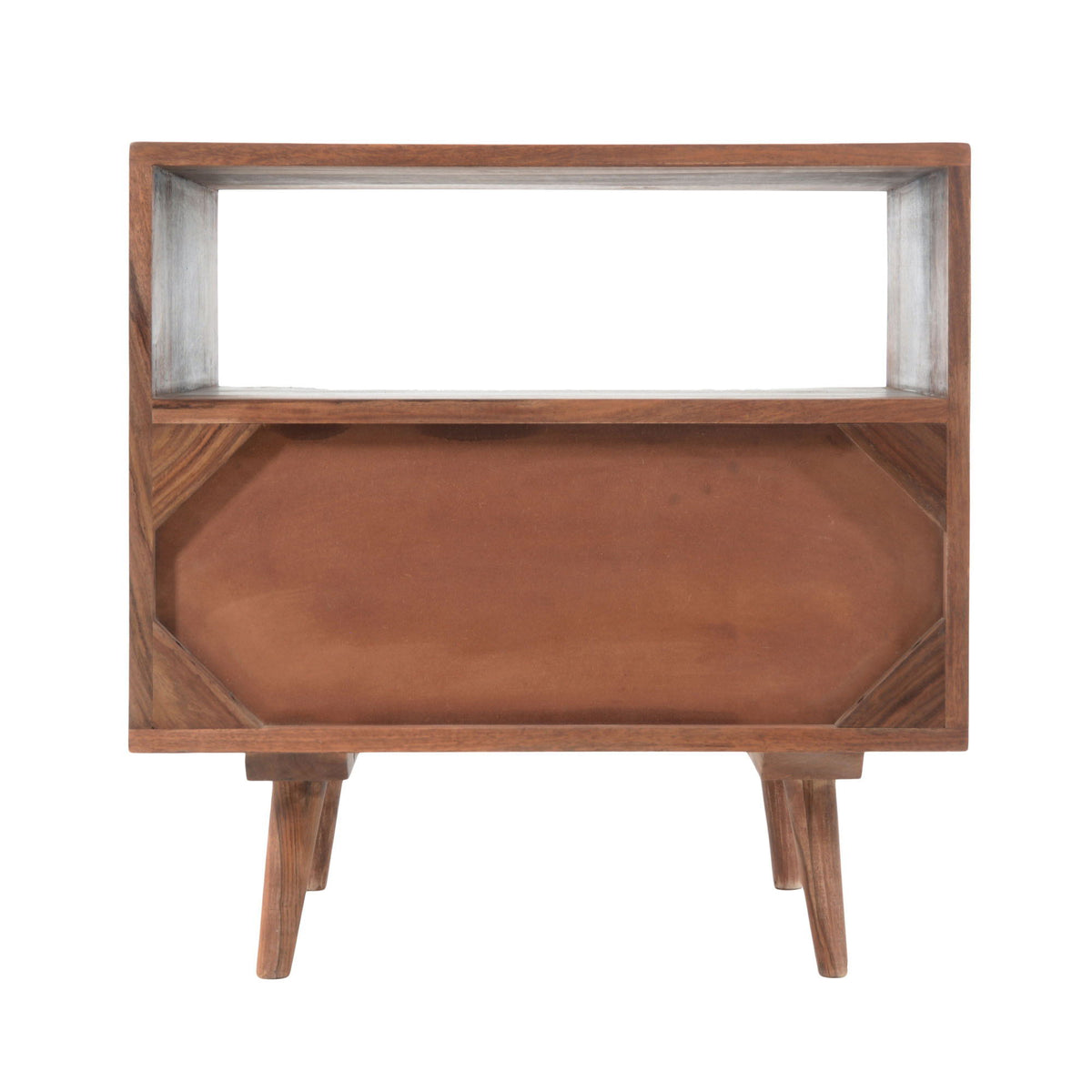 Brown wooden nightstand with open shelf and four tapered legs