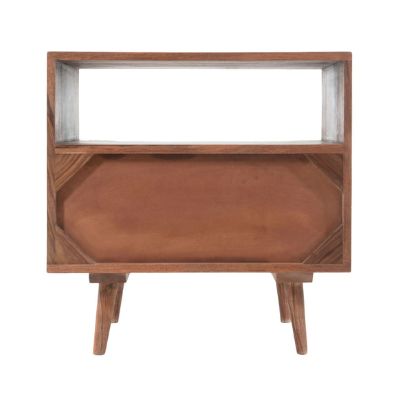 Brown wooden nightstand with open shelf and four tapered legs