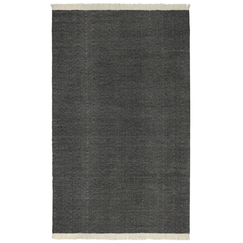 Augusta indoor/outdoor rug in charcoal dark gray with chevron pattern texture and fringe