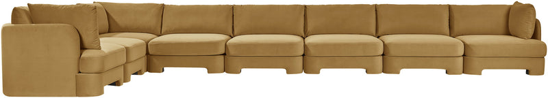 Beige L-shaped velvet sectional sofa with wide chaise and matching seat back cushions