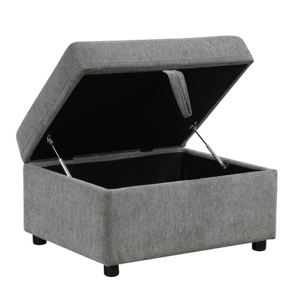 Gray storage ottoman footrest with hinged lid and black interior compartment