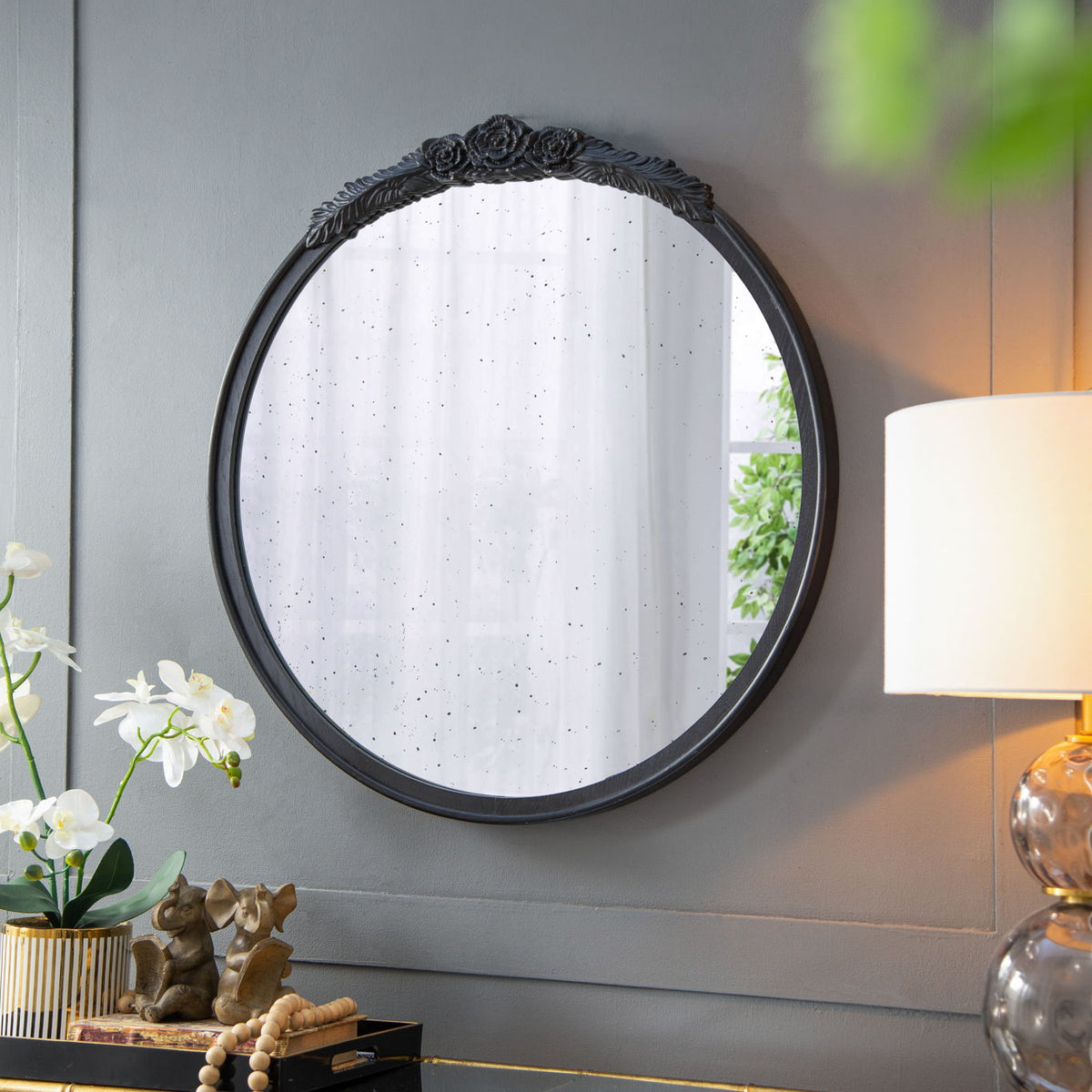 Round Hand Carved Rose Antique Mirror Frame, Wall Mirror For Live Space