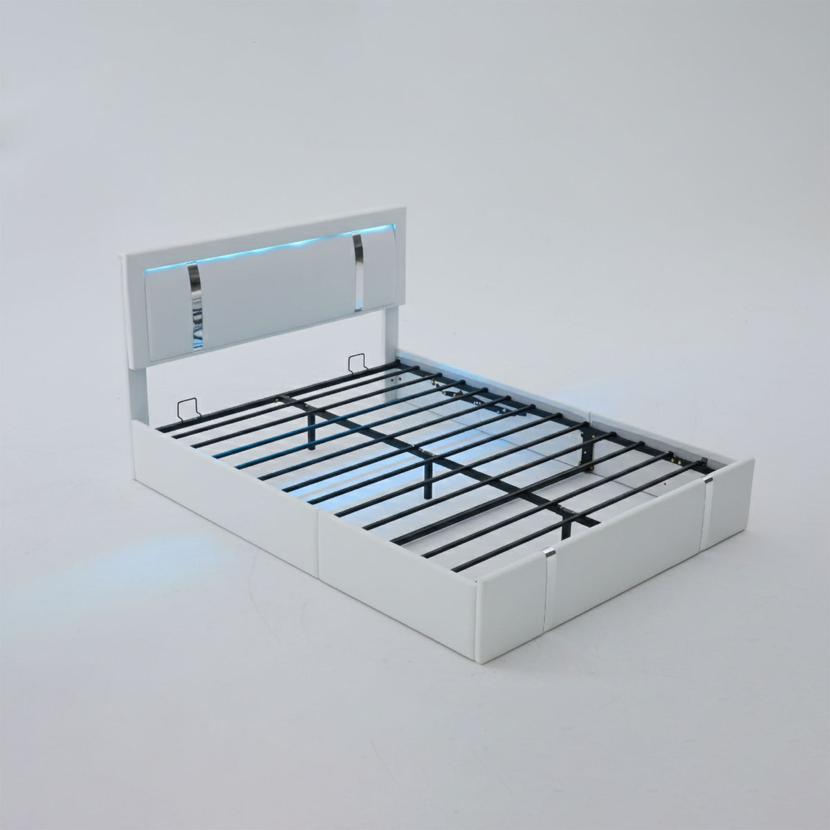 Upholstered platform bed frame with adjustable LED headboard, black frame and slat support