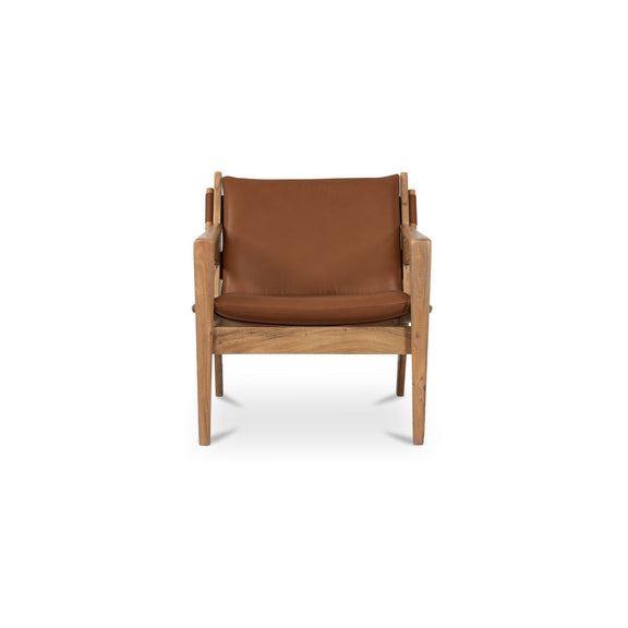 Brown fabric accent chair with armrests and visible wooden frame