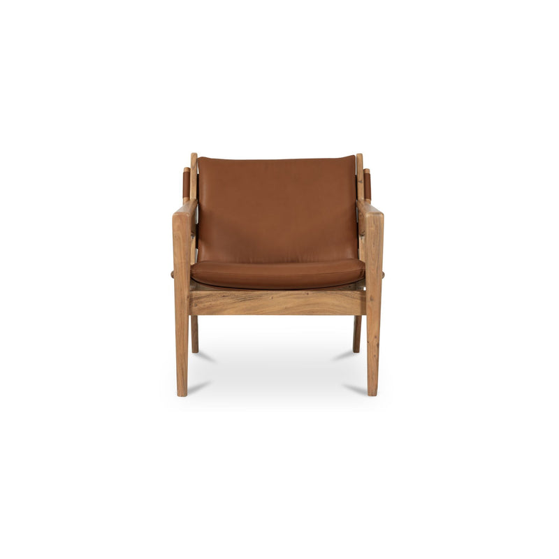Brown fabric accent chair with armrests and visible wooden frame