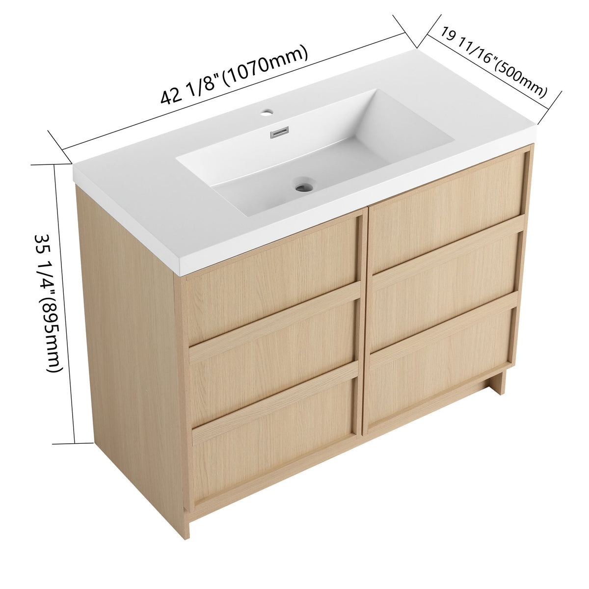 Freestanding bathroom vanity with white rectangular sink and oak-style double cabinet doors