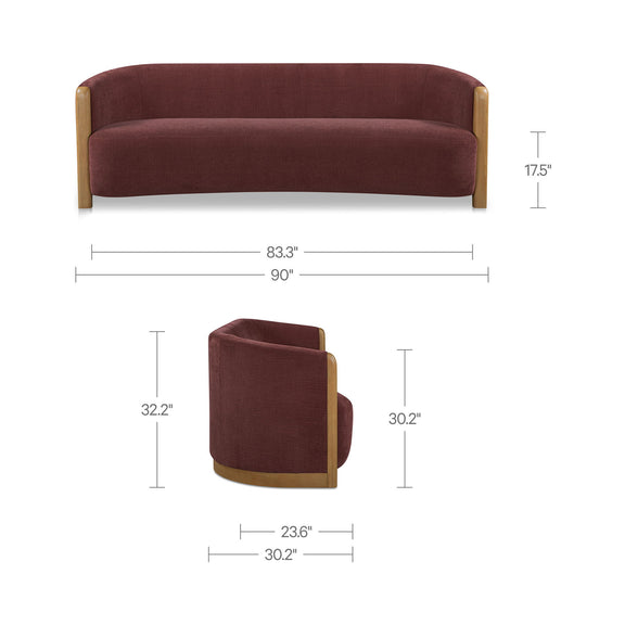 Berry purple upholstered sofa with rounded arms and light wood legs