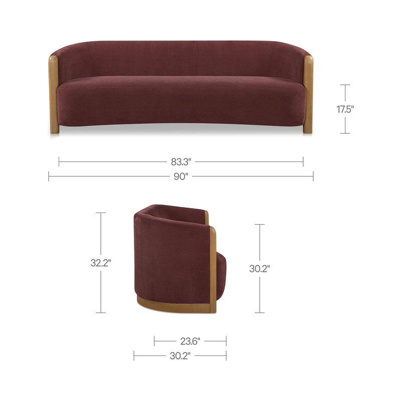 Berry purple upholstered sofa with rounded arms and light wood legs