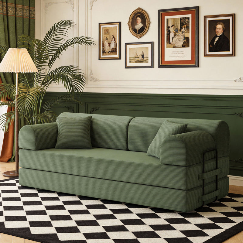 Dark green convertible sleeper sofa bed with rounded armrests and back cushions