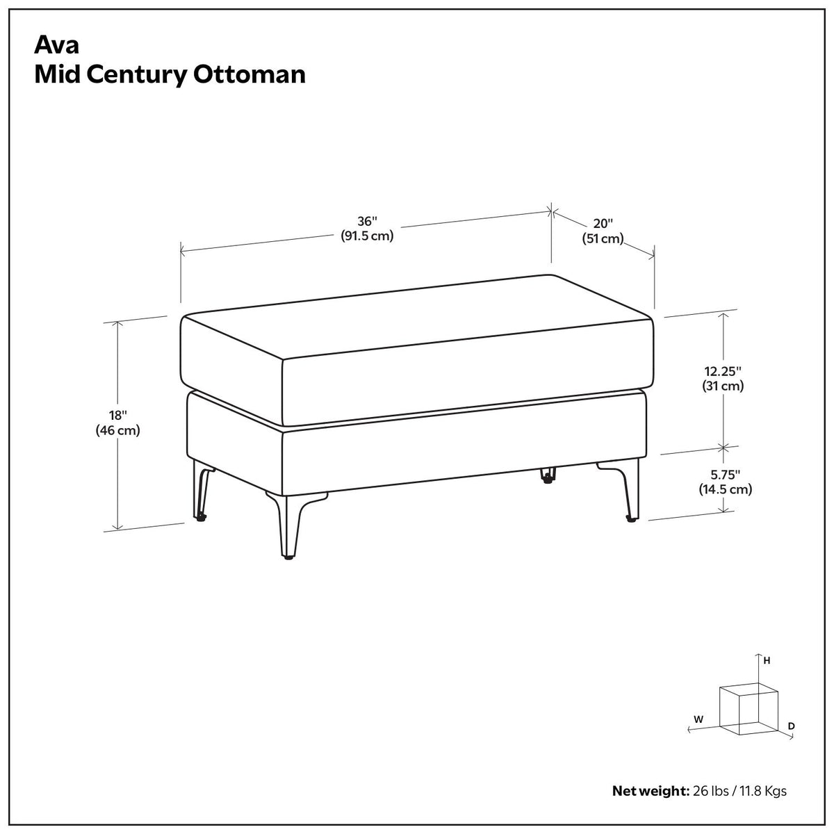 Ava Mid Century ottoman dimension diagram, showing a 36 by 20 inch footprint.