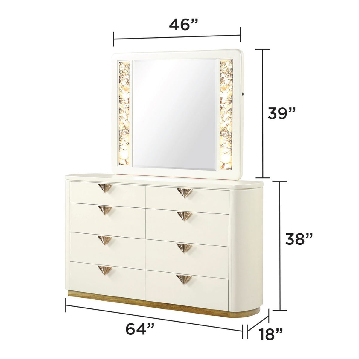 Beige rectangular LED mirror with illuminated side panels, 46 in W x 39 in H.