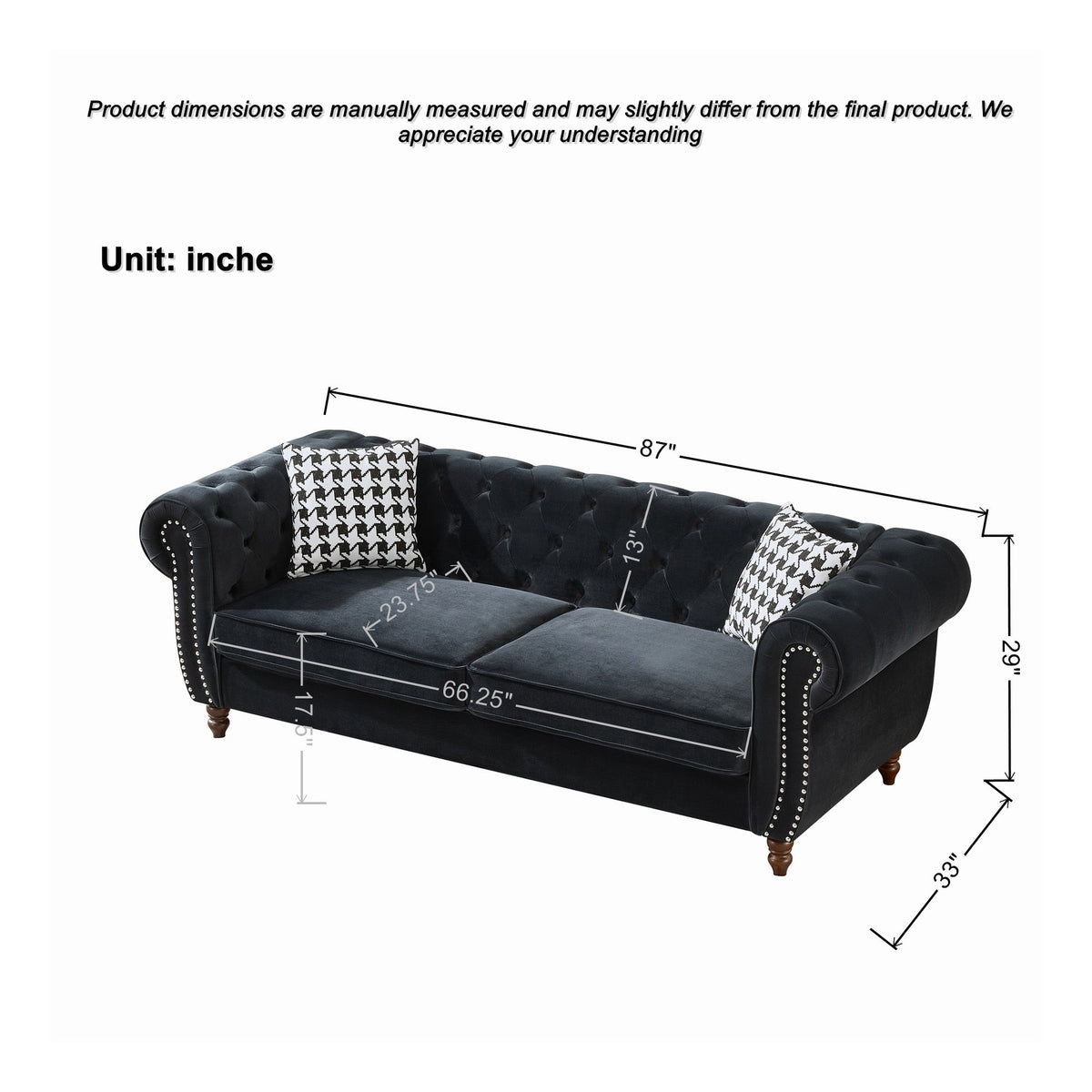 Chesterfield Velvet Upholstery Fabric Sofa With Roll Armrest & Nailhead