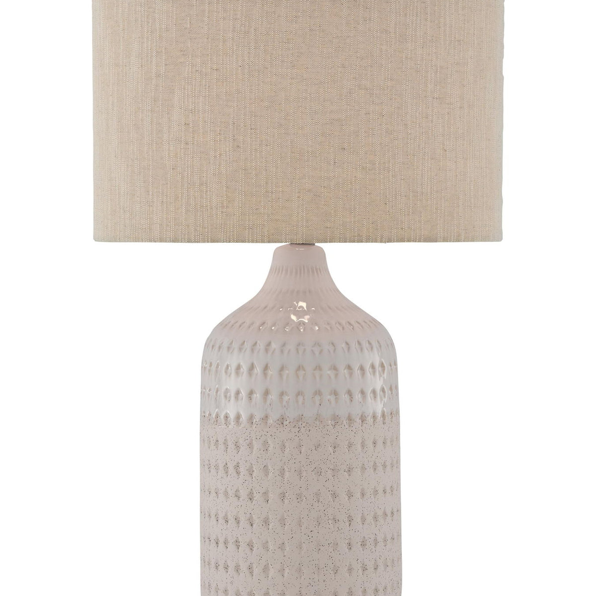 Ceramic table lamp with beige fabric shade and textured beige-white ceramic body