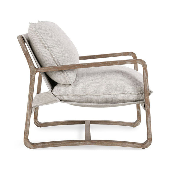 Natural wood accent chair with curved arm frame and light beige upholstered back and seat