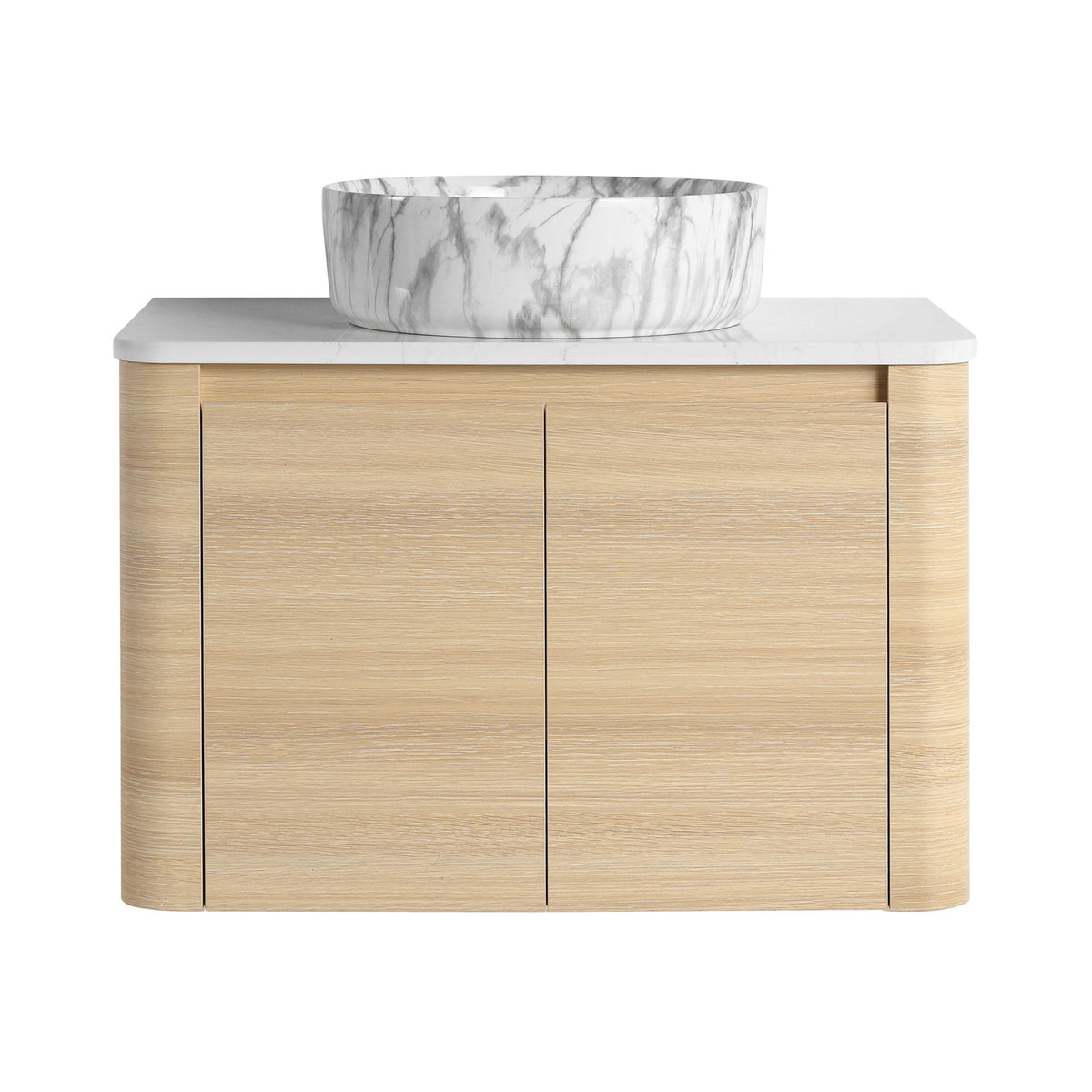 Bathroom vanity with two doors, light wood finish, white top, gray marble round vessel sink