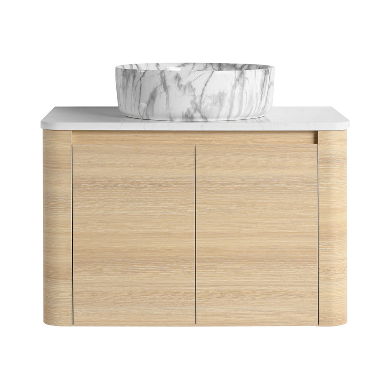 Bathroom vanity with two doors, light wood finish, white top, gray marble round vessel sink