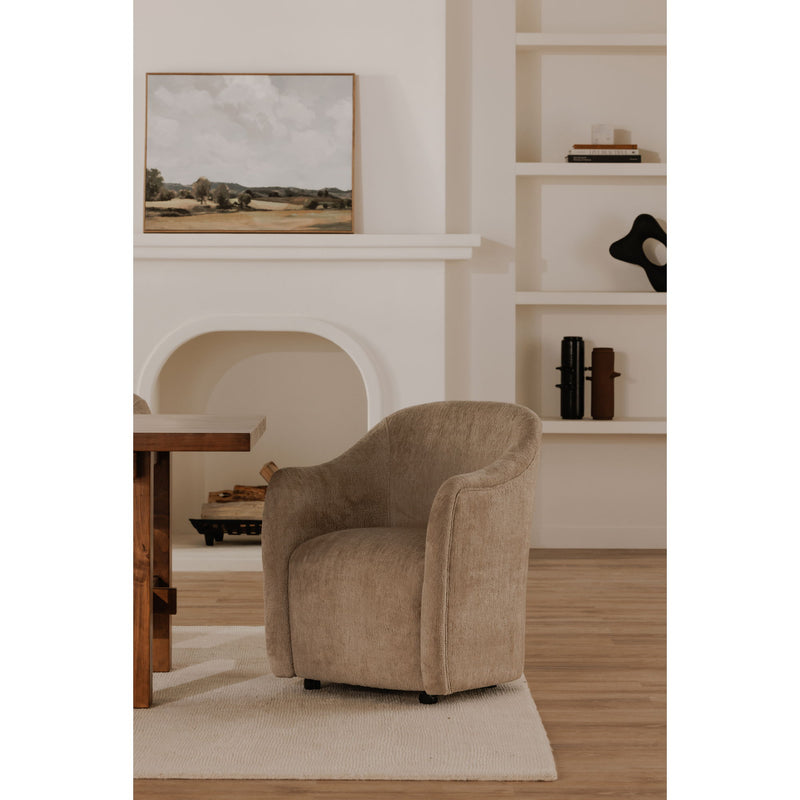 Beige fabric rolling dining chair with rounded backrest, arms, and caster wheels