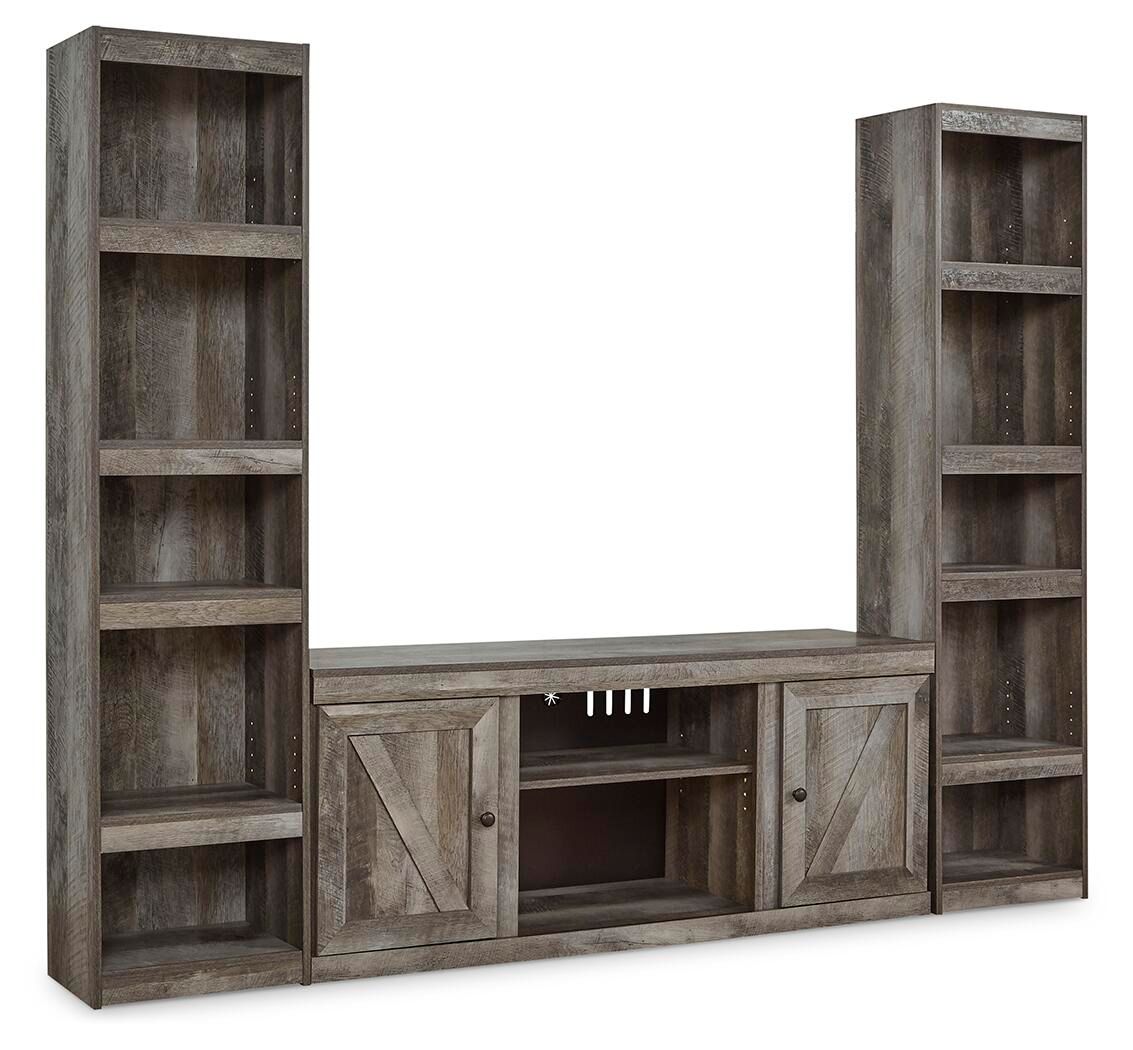 Gray 3-piece entertainment center with open shelves and center TV console