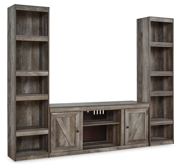 Gray 3-piece entertainment center with open shelves and center TV console