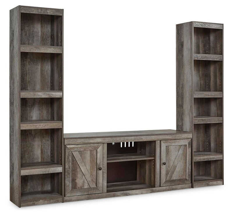Gray 3-piece entertainment center with open shelves and center TV console