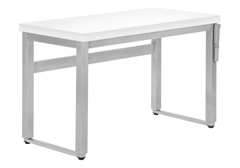 Standing adjustable computer desk with white top and white metal legs