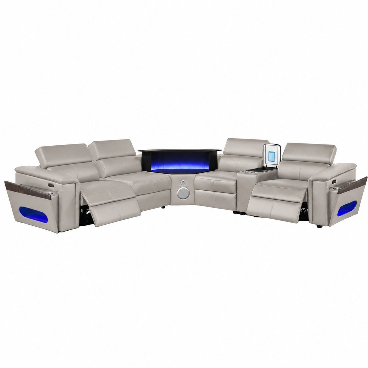Light gray sectional sofa with blue LED panel and control display on armrest