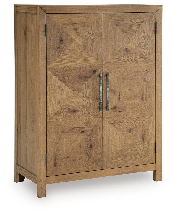 Light brown bar cabinet with two panel doors and vertical bar handles