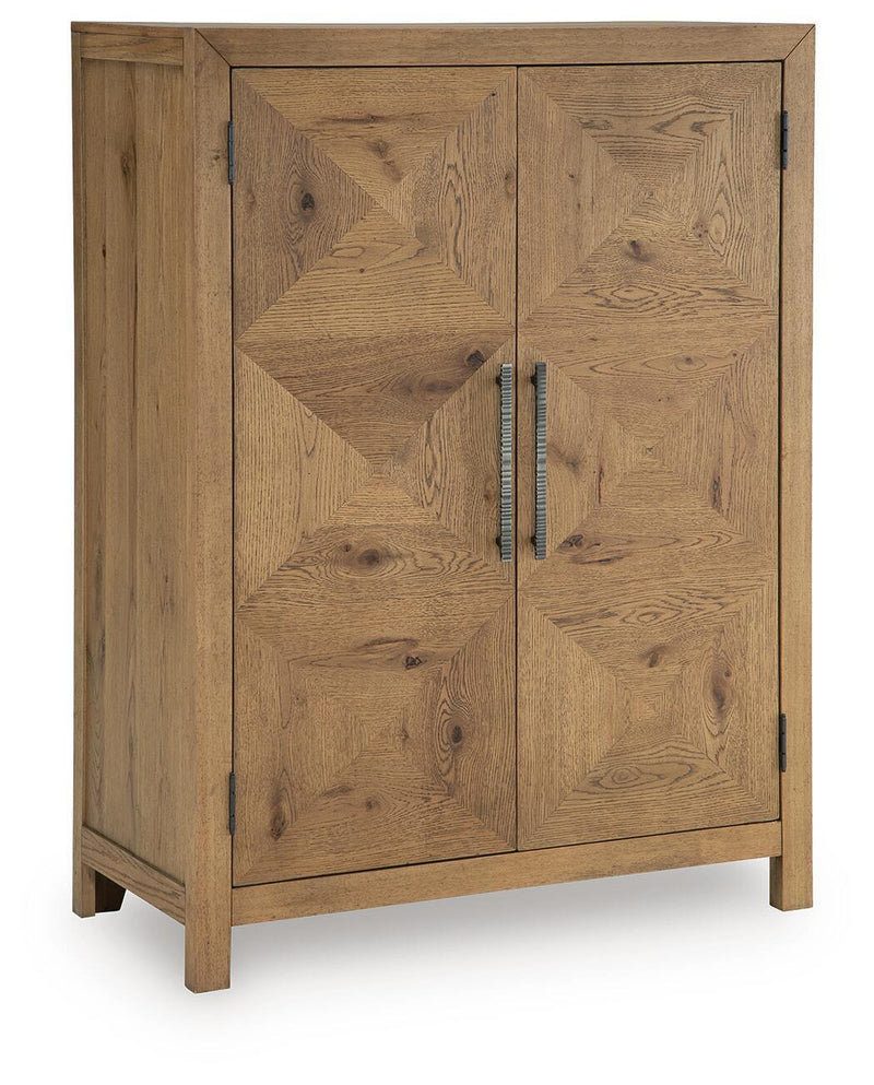 Light brown bar cabinet with two panel doors and vertical bar handles