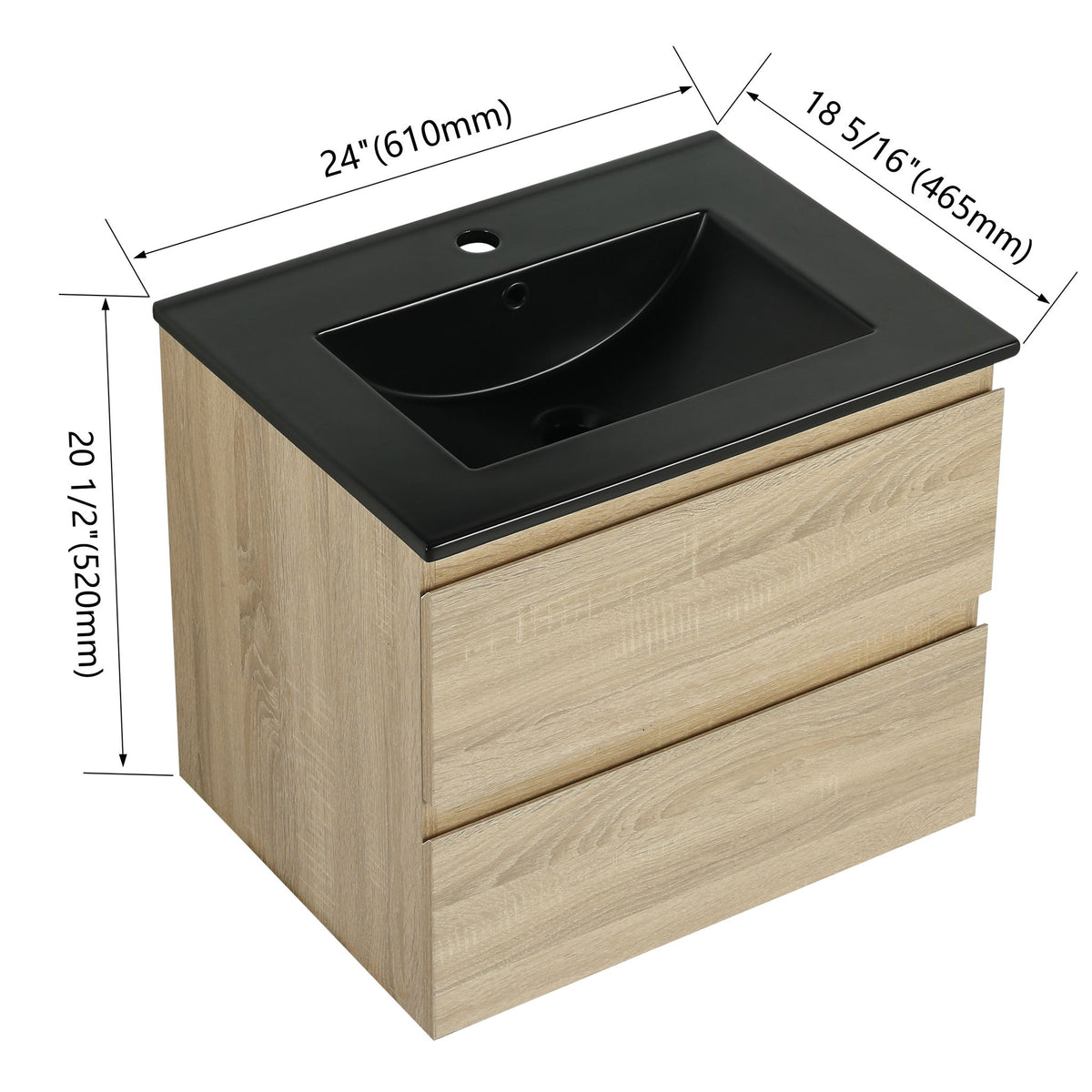 Wall-mounted bathroom vanity with black sink, light wood cabinet, 2 soft-close drawers