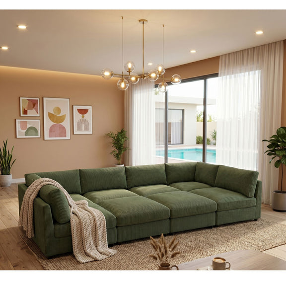 Dark green modular sectional sofa with ottoman chaise and plush seat cushions