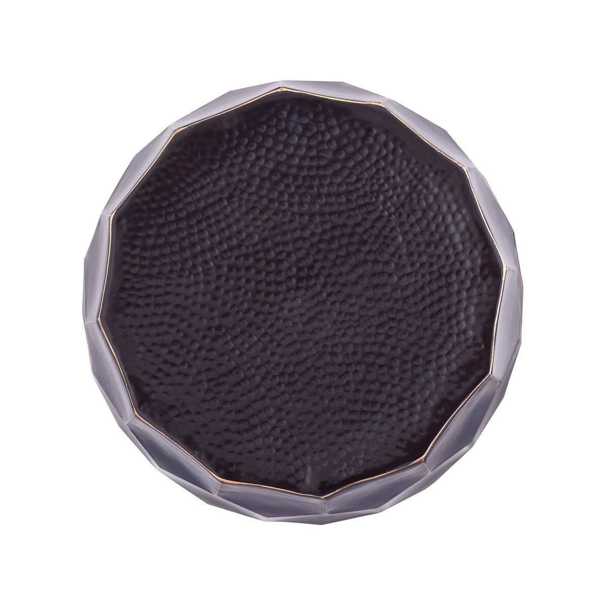 Round end table bottom with textured surface and faceted octagonal edge
