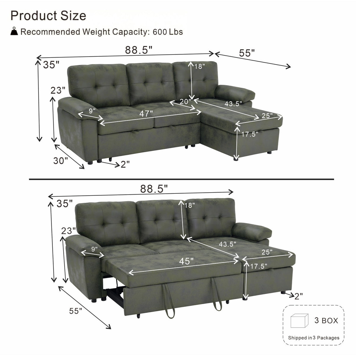 Convertible L - Sectional Sofa Bed With Storage Chaise And Padded Armrests