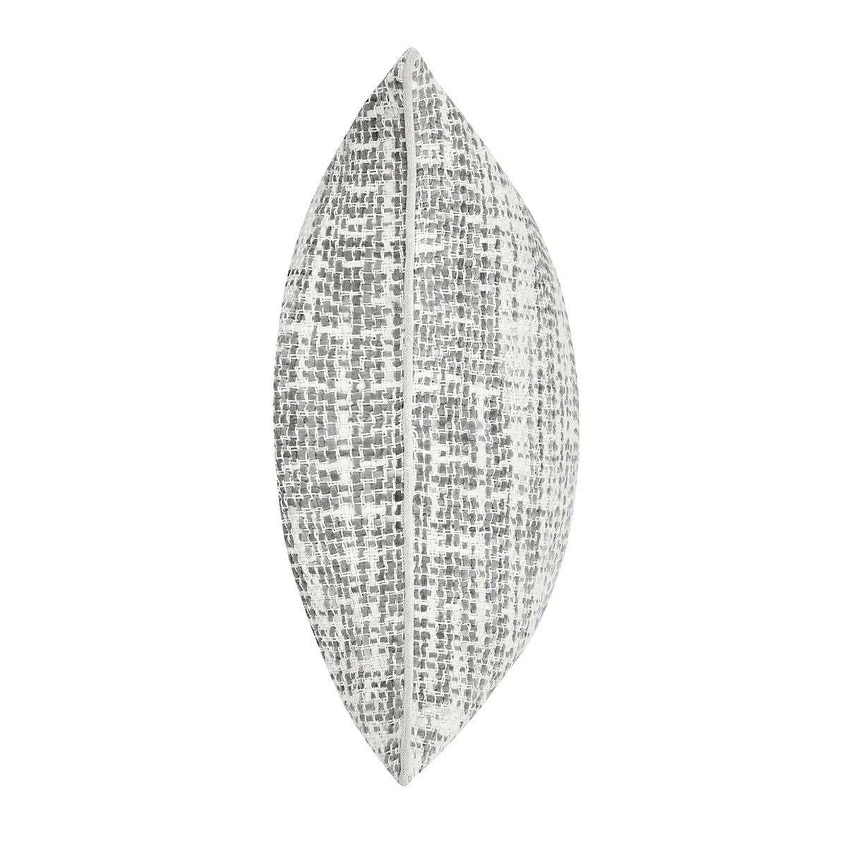 Light gray speckled woven pillow cover in a vertical side view with seam detail