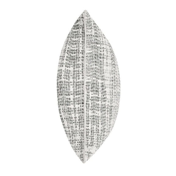 Light gray speckled woven pillow cover in a vertical side view with seam detail