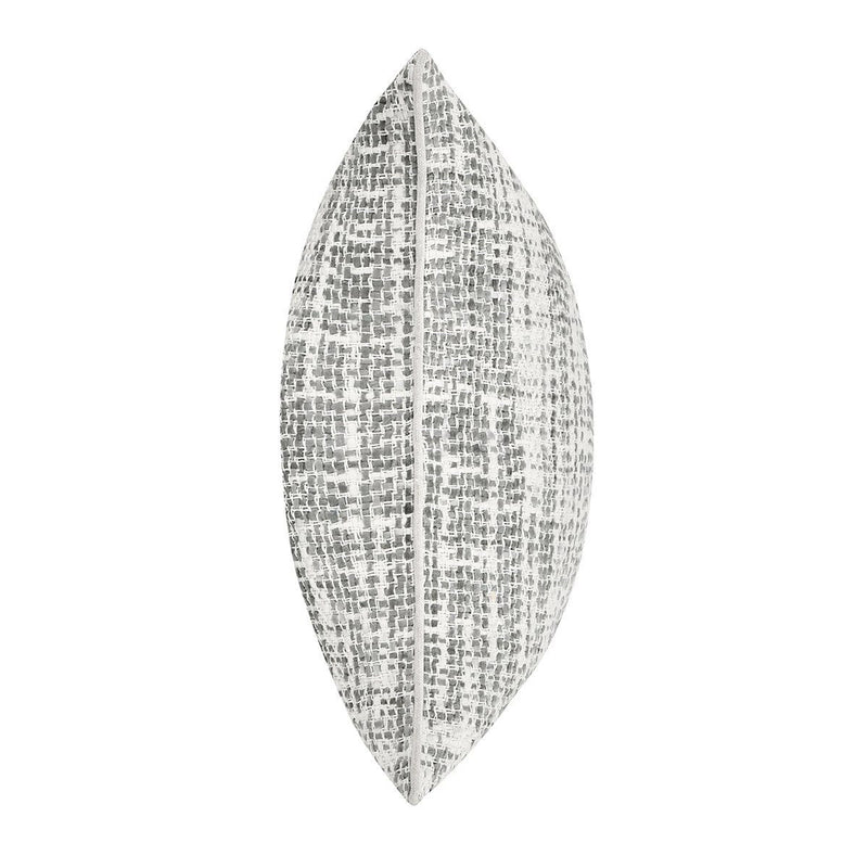 Light gray speckled woven pillow cover in a vertical side view with seam detail