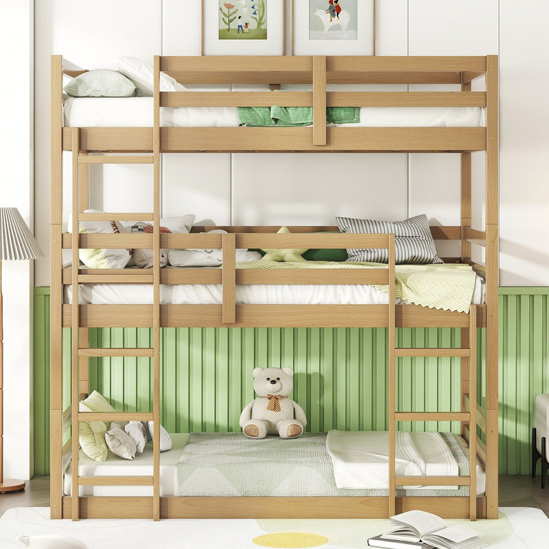Triple Rubber Wood Bunk Bed with Two Built-in Ladders, Guardrails, Twin over Twin over Twin, Detachable Triple Twin Bunk Bed, Natural