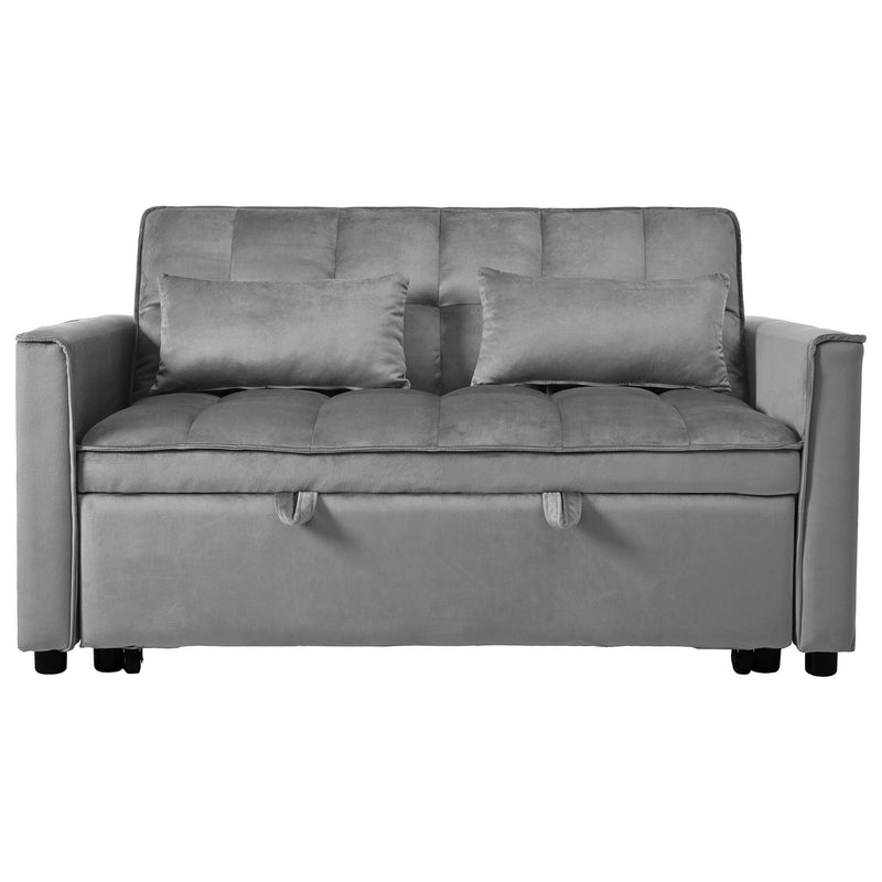 Convertible sofa bed with tufted back and seat cushions, light gray fabric