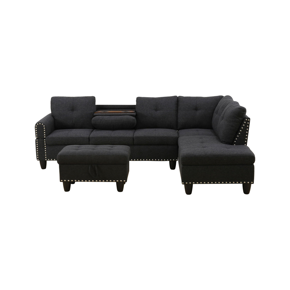 L - Shaped 3 Piece Sectional Sofa With Chaise, Storage Ottoman & Cup Holders