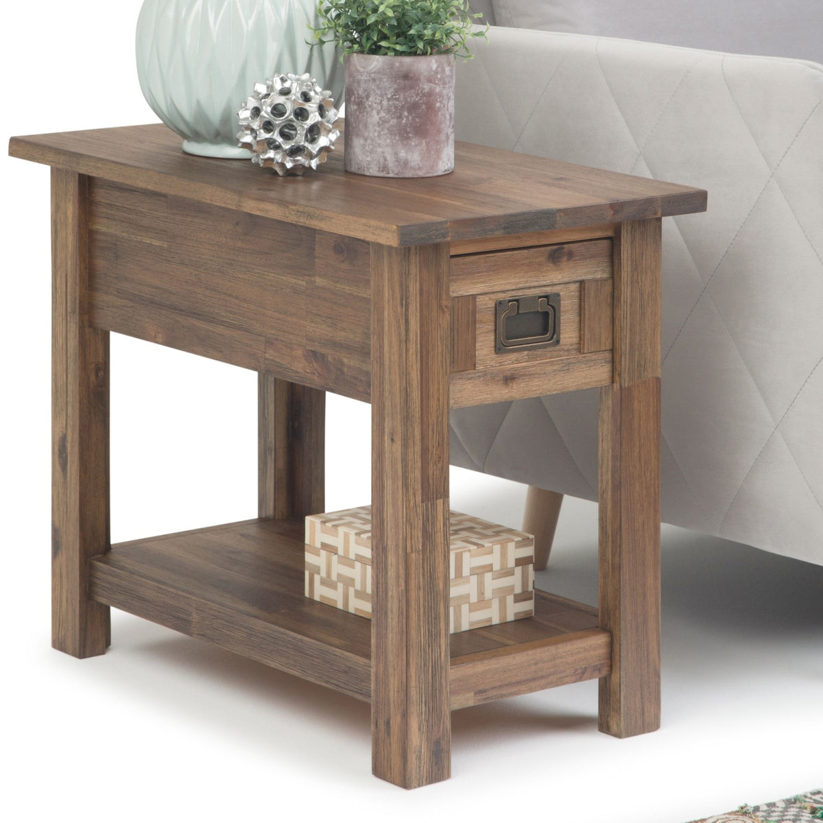 Monroe handcrafted side table with drawer and lower shelf, reclaimed-style wood finish
