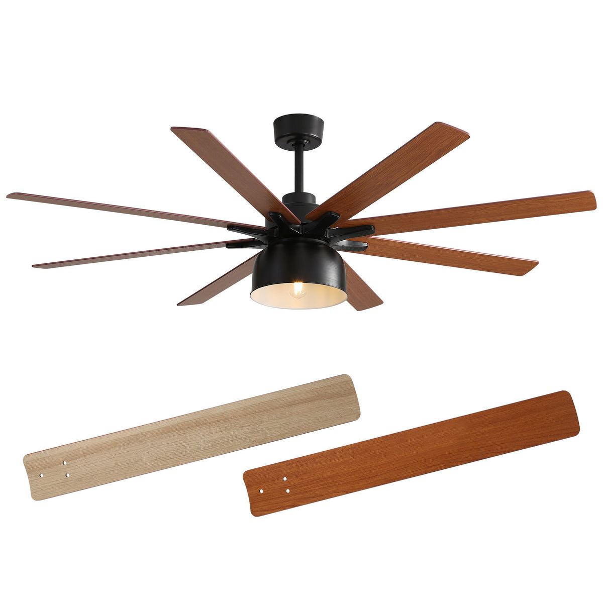Black 52-inch ceiling fan with six wooden blades and integrated light