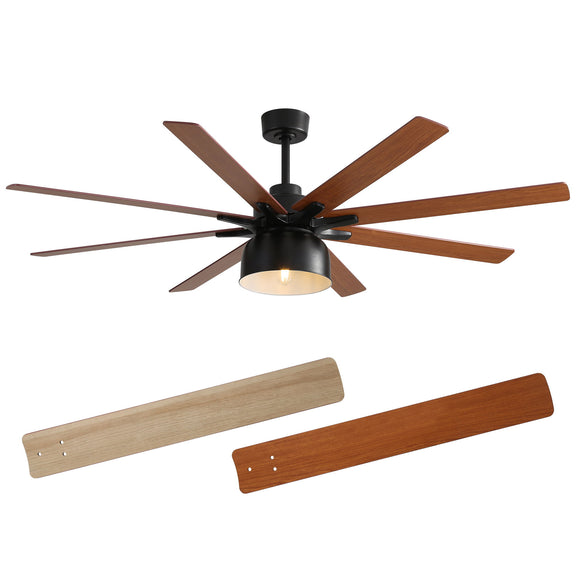 Black 52-inch ceiling fan with six wooden blades and integrated light