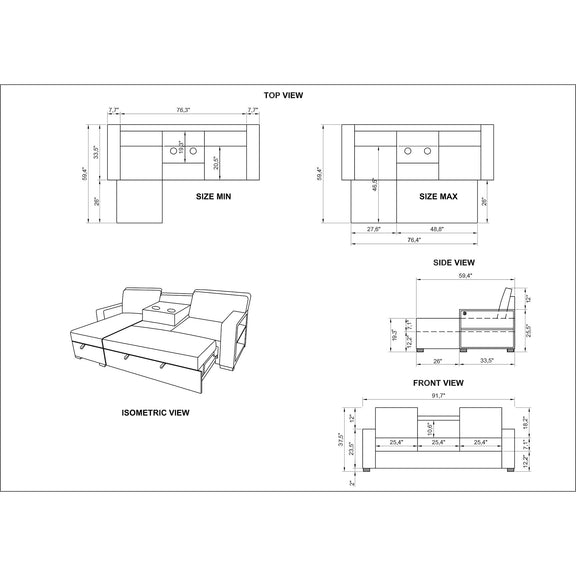 Sofa bed blueprint technical drawing with top, side, front views and dimensions