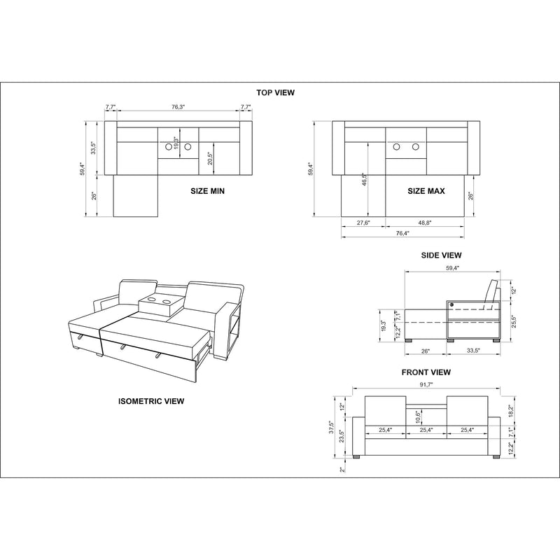 Sofa bed blueprint technical drawing with top, side, front views and dimensions
