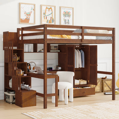 Full Size Loft Wood Bed with Desk, Book shelves and Wardrobe with Doors and Drawer, Built-in Staircase with Storage Shelves, Loft Bed with Safety Guardrails and Solid Slats, Walnut