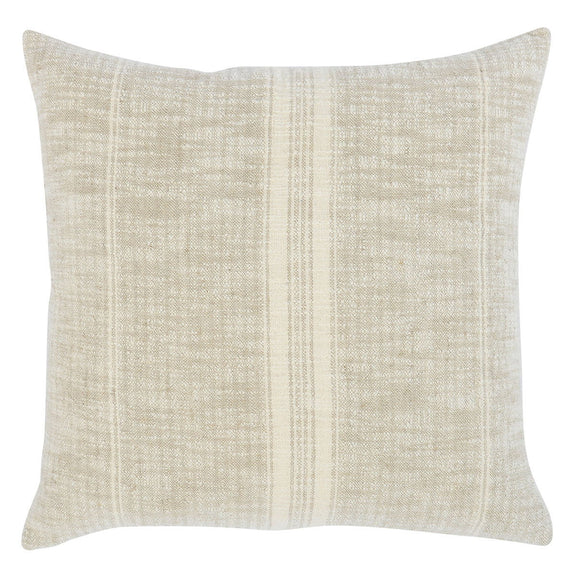 Ivory woven square decorative pillow with central stripe and subtle grid texture