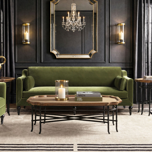 Olive green upholstered modern sofa with squared arms and two back cushions